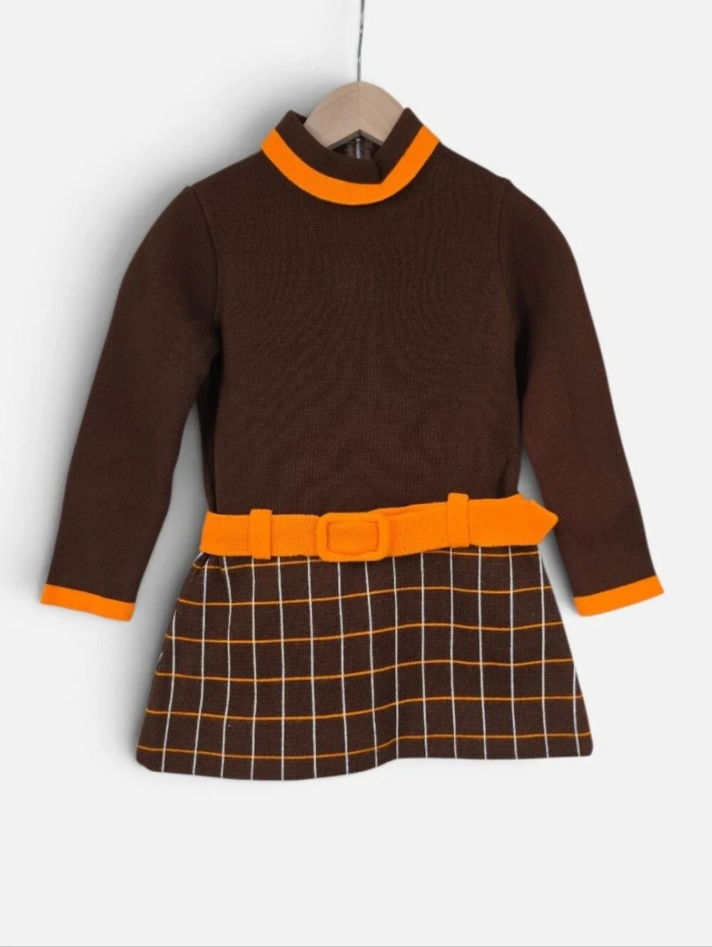 Piccolino 60s 70s Italian MOD Mini Dress Girls 4 Brown Orange Belted Vintage